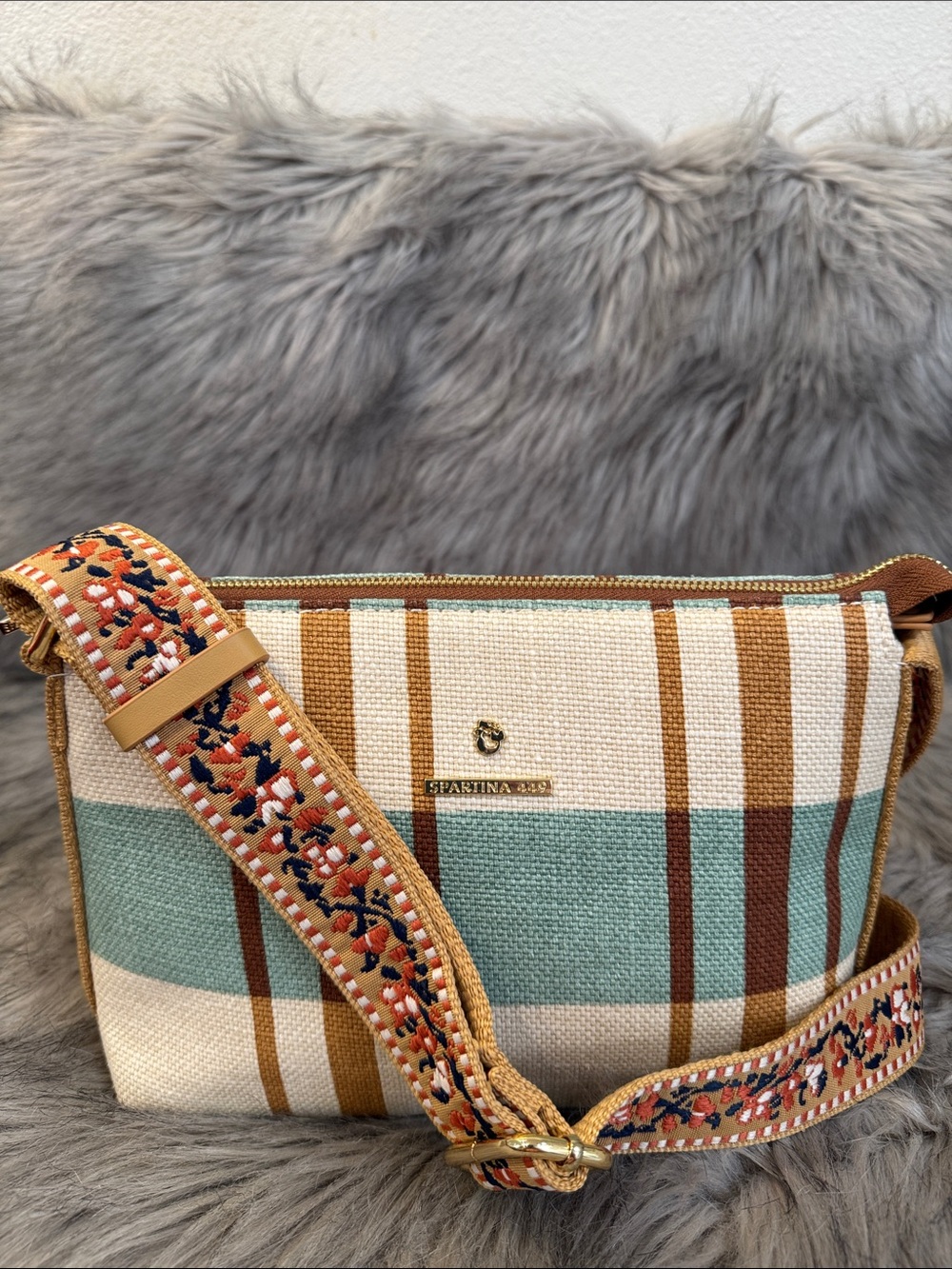 Spartina 449 Cream, Teal & Brown Plaid Crossbody with Embroidered Strap